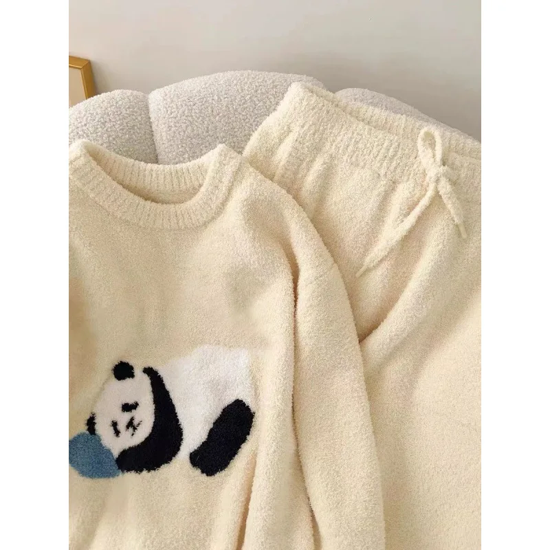 New Cute Panda Half Velvet Pajamas Women\'s Fall and Winter Thickened Thickened Warm Pajamas Ladies Coral Velvet Homewear Suit