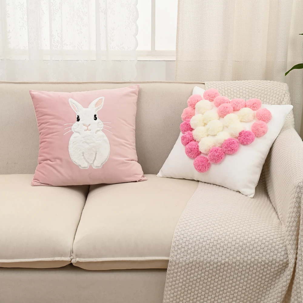 BUYNOW Embroidered Rabbit Pillowcase Velvet Plush Cuddly Pillow Case Sofa Upholstery Cushion Comfortable Decorative Pillowcase