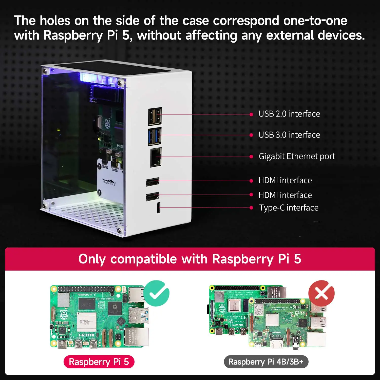 Raspberry Pi 5-Gehäuseschutz-Set mit Lüfter, RGB-Farblicht und 0,96-Bildschirmanzeige, DIY-Elektronikgehäuse, unterstützt M.2 SSD