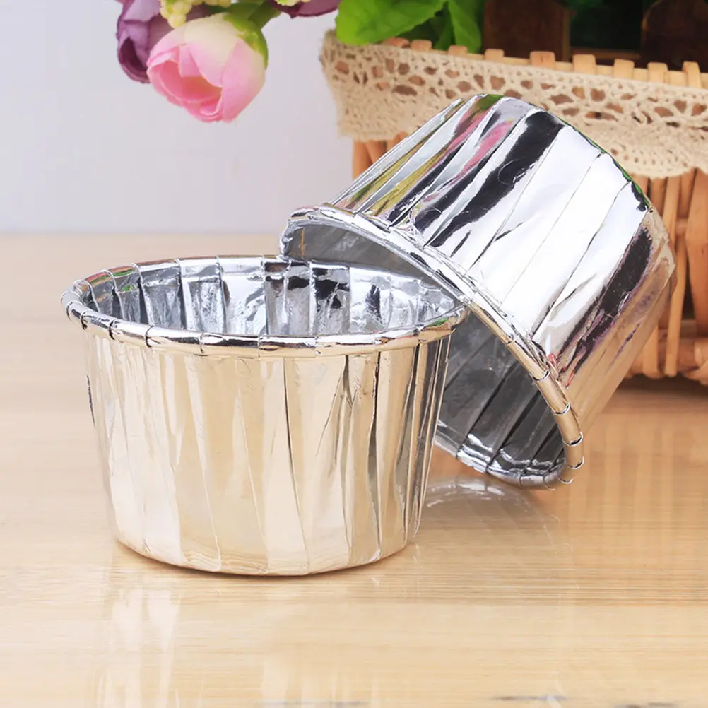 100Pcs Cake Paper Cups Curled Design Leak Resistant Heat Resistant Silver Golden Party Disposable Cupcake Wrappers for Wedding