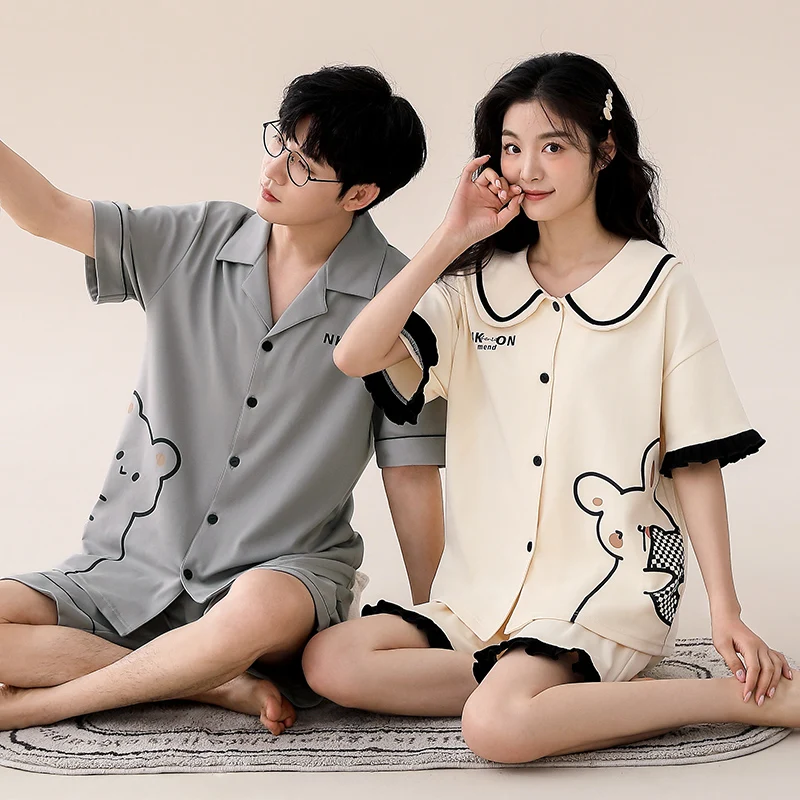 Couple Pajama Set Summer Cute Cartoon Short Sleeve Pyjamas 100% Cotton Men and Women Sleepwear