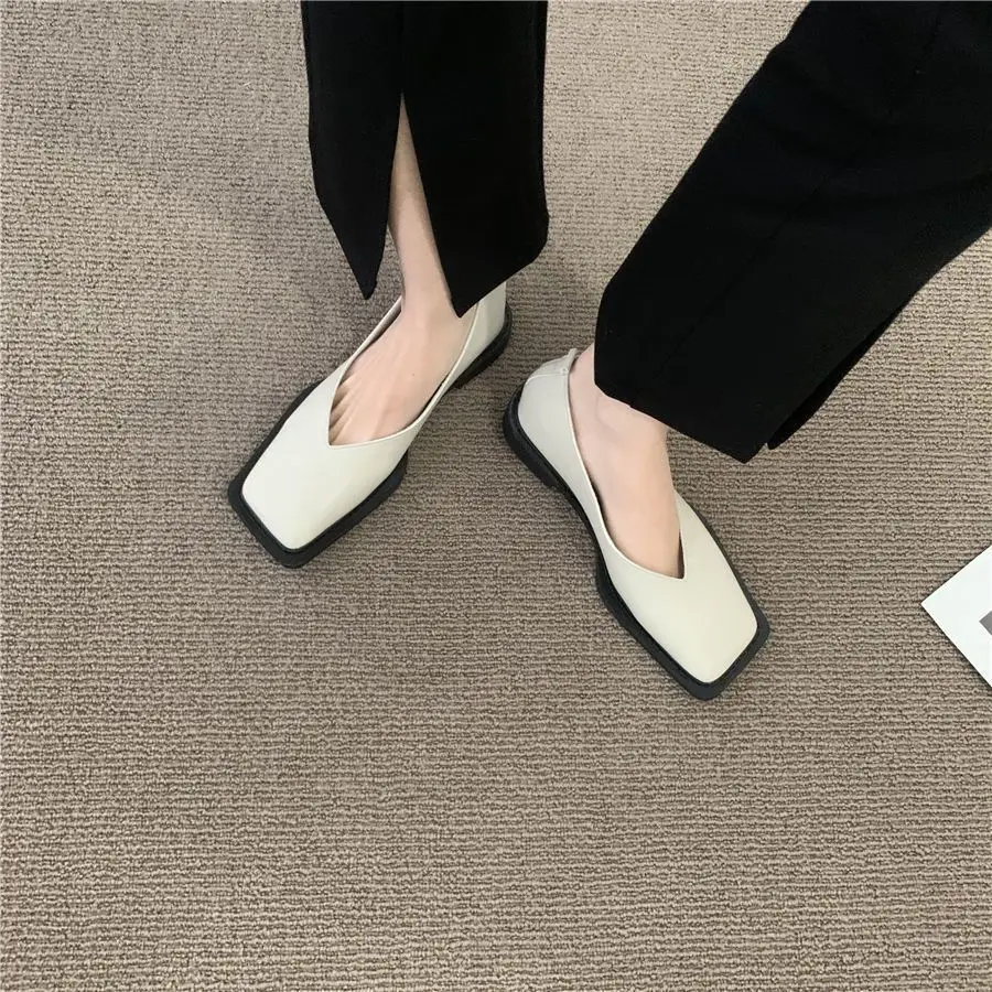 Spring New 2024 Flat Shoes Women Square Toe Single Shoes Simple Temperament Leather Shoes round toe heels
