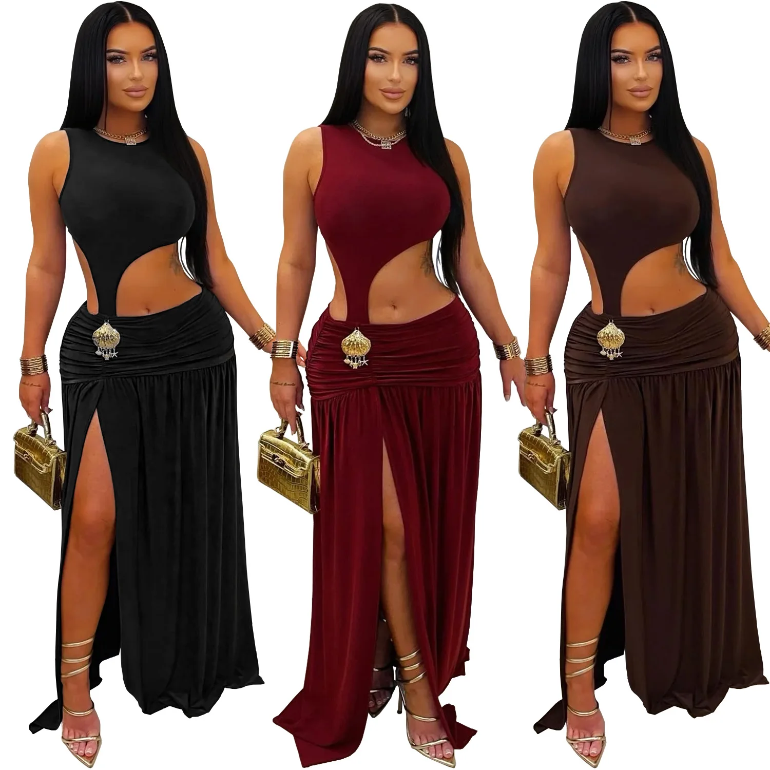 

EINY Шикарное сексуальное женское длинное платье с круглым вырезом, без рукавов, с вырезами, плиссированное, для весны, дня рождения, вечеринки, сексуальное макси-платье для вечеринок, Vestidos