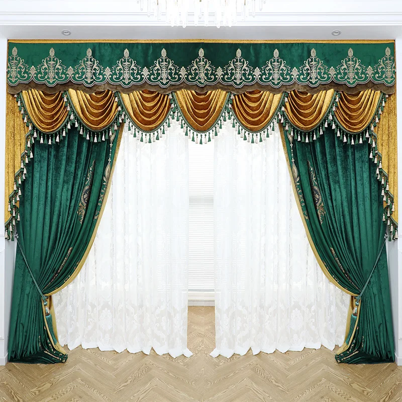 Custom curtain European living room high-end ice velvet duplex thick green cloth blackout curtain tulle valance drape C1070