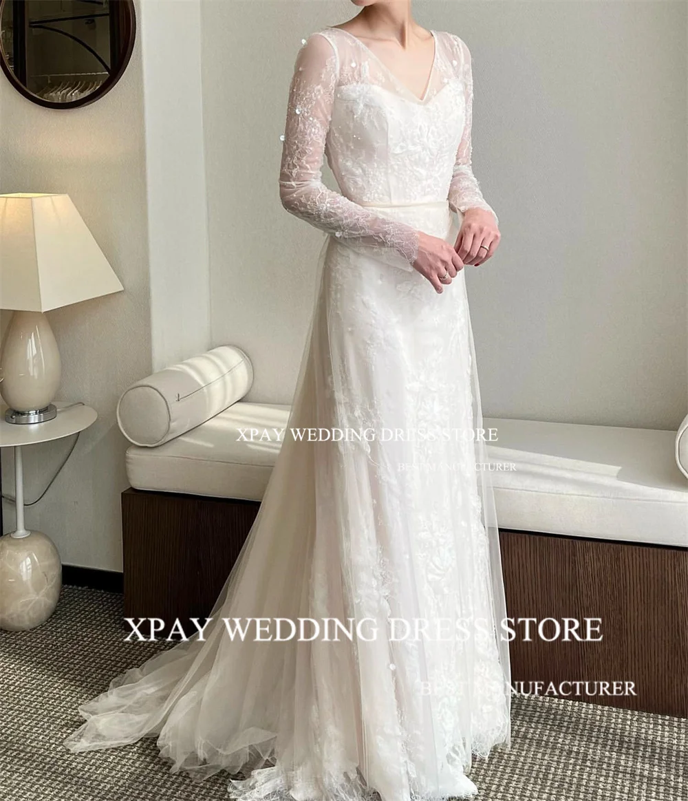 XPAY Vintage V Neck Korea Mermaid Wedding Dresses Lace Appliques Long Sleeve Bridal Dress Backless Custom Boho Bride Gown