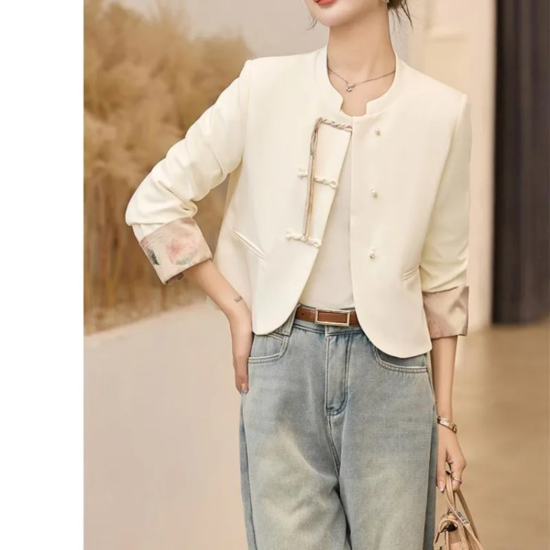 

2024 Spring Autumn New Chinese Style Shorts Crew Neck Button Tassel Spliced Long Sleeve Retro Casual Solid Color Women's Coats