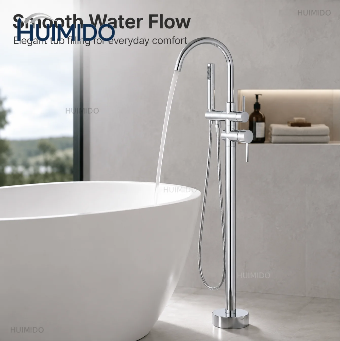 Certified freestanding tub faucet, floor-to-ceiling tub water injection mixer with hand-held shower for bathroom construction