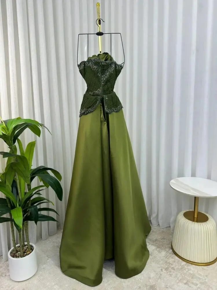 Customized Beaded Sequin Embellished Evening Dresses 2026 Scalloped Neck Green Prom Gown with Pleat Satin Special Occasion Dress