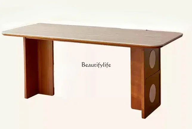 

FG28Travertine rock slab dining table Nordic retro home thickened solid wood workbench large board table