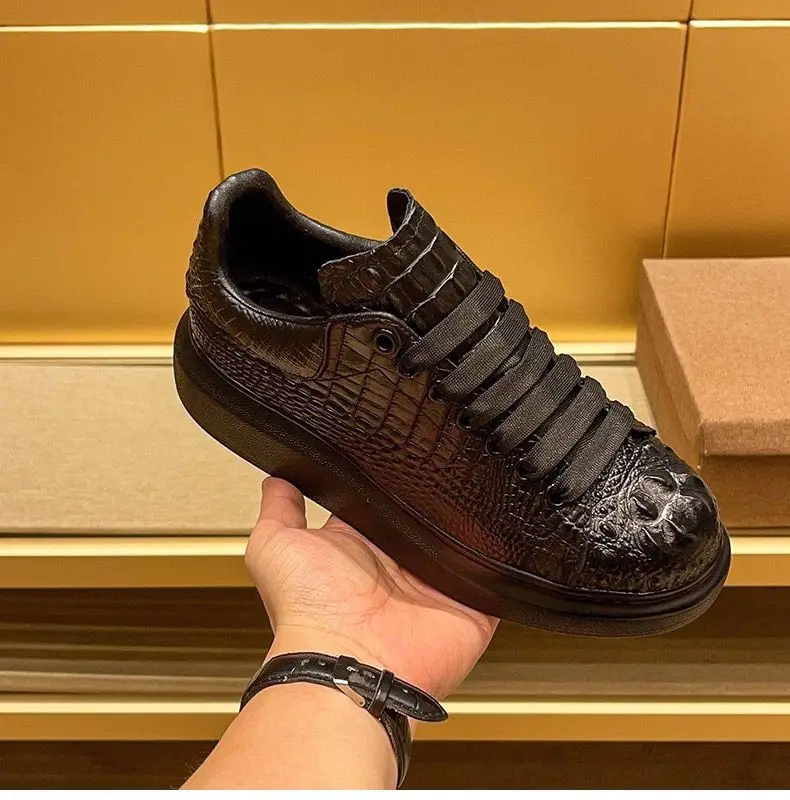 

2025 летние черные мужские дышащие туфли с крокодиловым принтом, повседневные спортивные туфли для бега, туфли из натуральной воловьей кожи на мягкой подошве