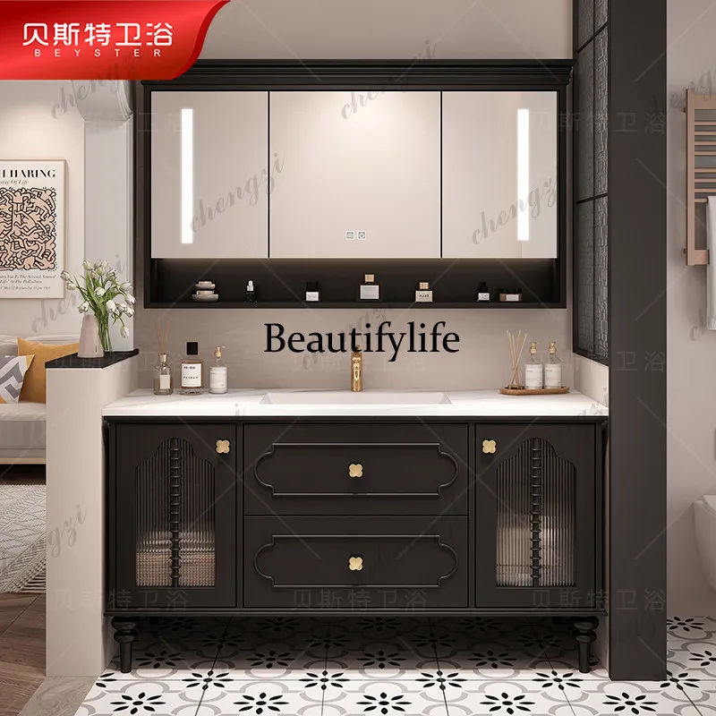 French bathroom cabinet combination oak rock slab seamless integrated ceramic wash basin washstand cabinet