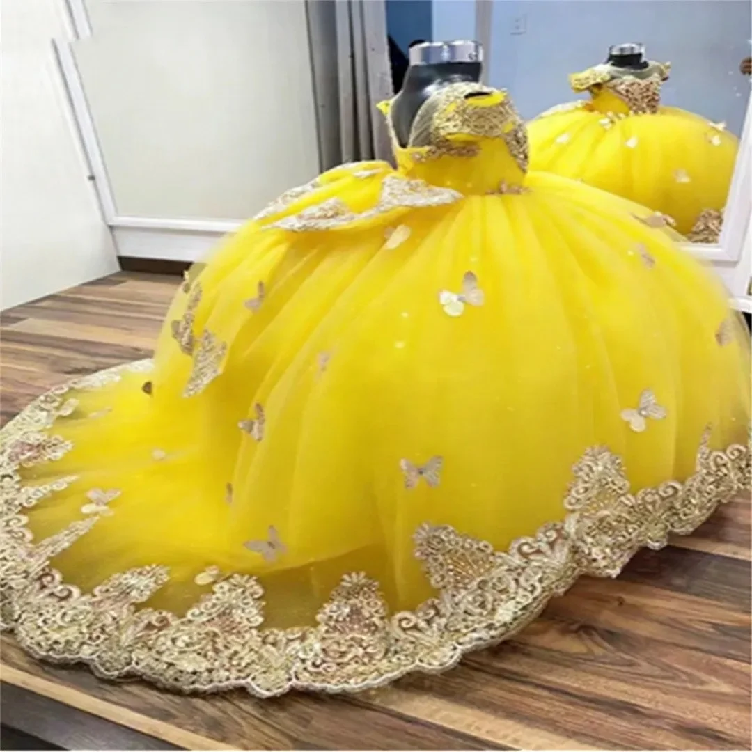 Holy Princess Pink Flower Girl Dress Tulle Fluffy WWith Butterfly Applique Wedding Dresses Little Princess Birthday Party Gowns