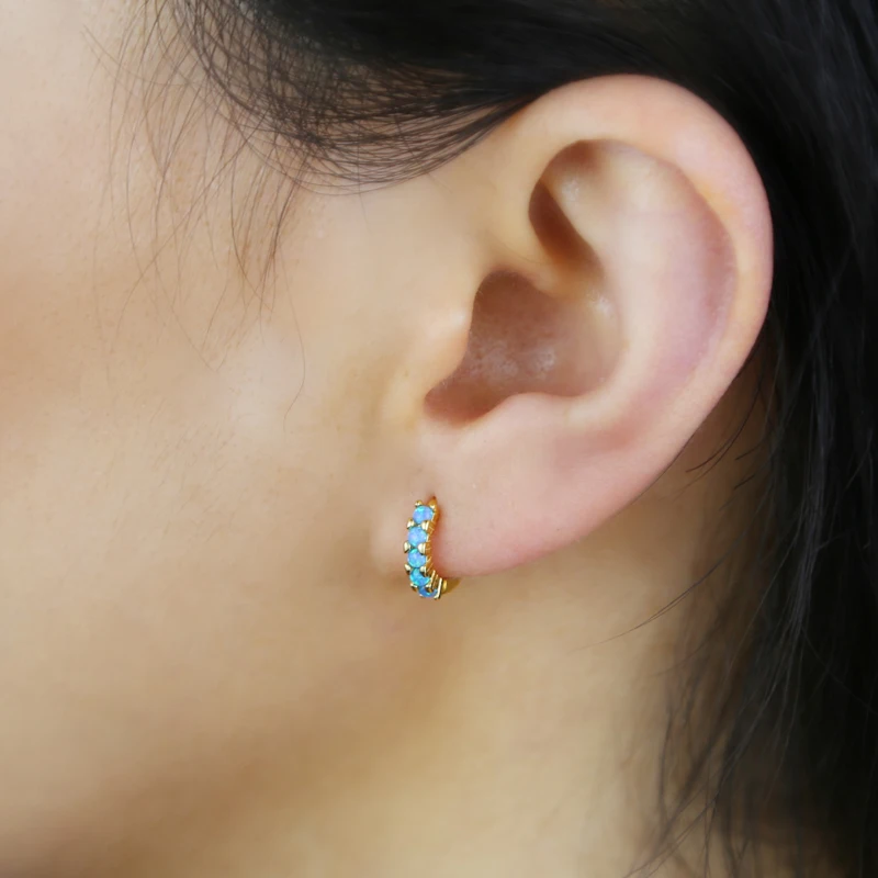 Tiny Fine Hoop Earrings 925 Sterling Silver Vermeil Minimal Small Huggie Paved White Blue Fire Opal Stone Round Ear Cuff Women