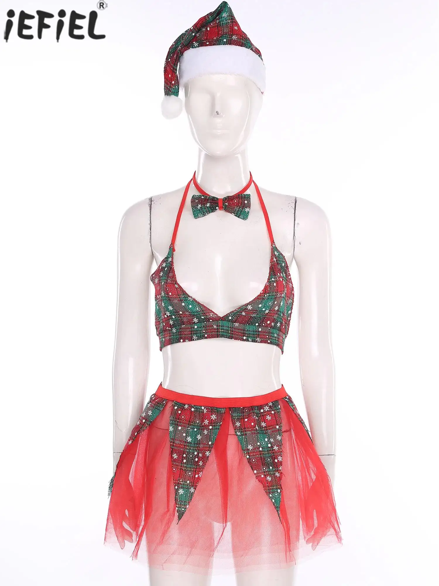 

Женское рождественское нижнее белье, ночное белье для ролевых игр, треугольный бюстгальтер Sissy с мини-юбкой, галстуком-бабочкой и шляпой, комплект для рождественских свиданий, ночное белье
