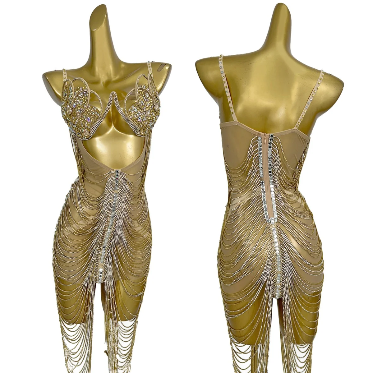 سباركلي حجر الراين شرابة شبكة Bodycon فستان قصير غاسل سلاسل فستان قصير مثير المرأة نادي مرحلة الأداء الرقص الزي