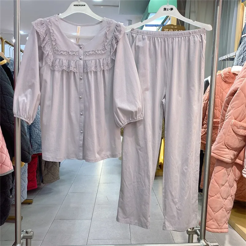 sweet-dream-ladies'-knitted-cotton-nightgown-round-neck-open-cardigan-style-spring-new-home-clothes-princess-sweet-style
