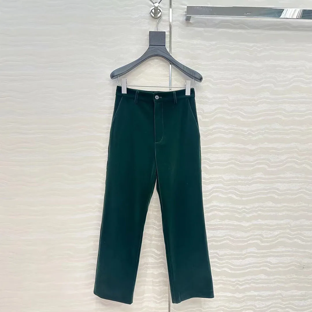 

New Fashion Autumn Elegant Fashion Dark Green Velvet Retro Suit Pants Women High Waist Casual Straight Ankle Length Trousers