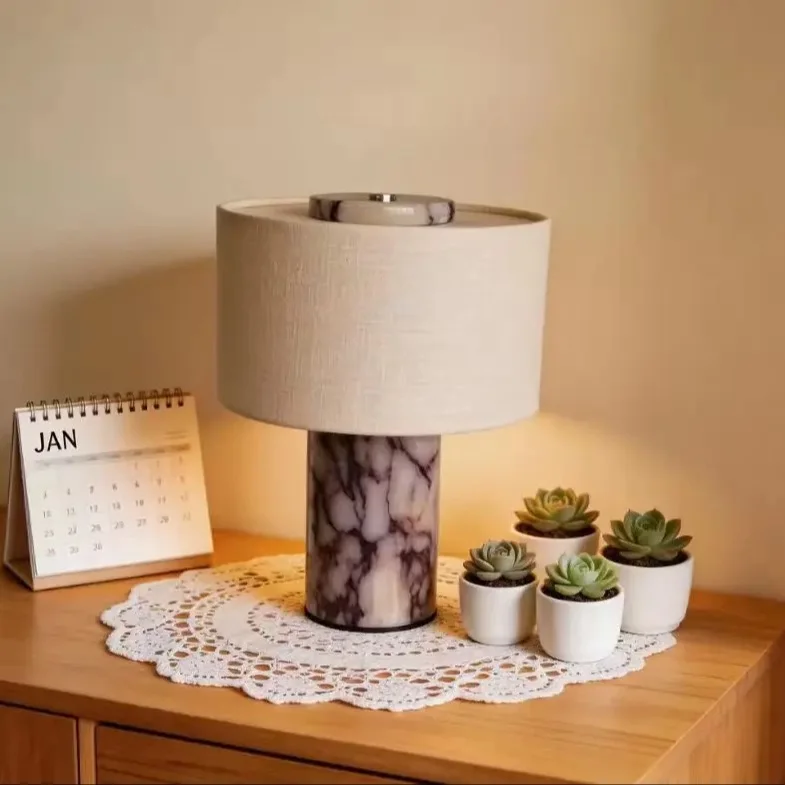 Lampu Meja Marmer Mewah dengan Kap Lampu Kain |   Lampu Samping Tempat Tidur Dekoratif Modern untuk Ruang Tamu & Kamar Tidur