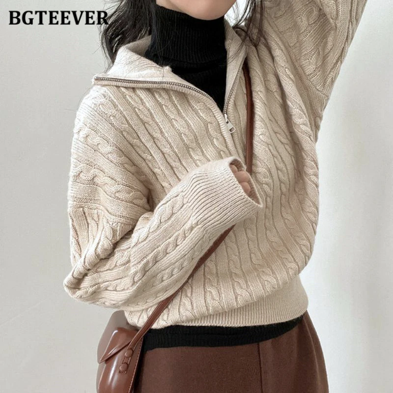 

BGTEEVER Vintage Lapel Zipper Up Knitted Sweaters for Women Casual Autumn Winter Long Sleeve Warm Female Pullovers Tops
