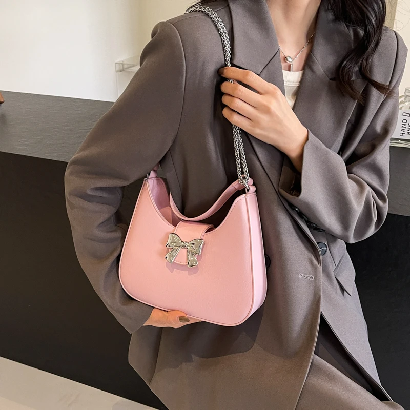 LEFTSIDE PU Leather Small Silver Handbag Shoulder Bag for Women Lady 2024 New Korean Fashion Bow Design Crossbody Bag