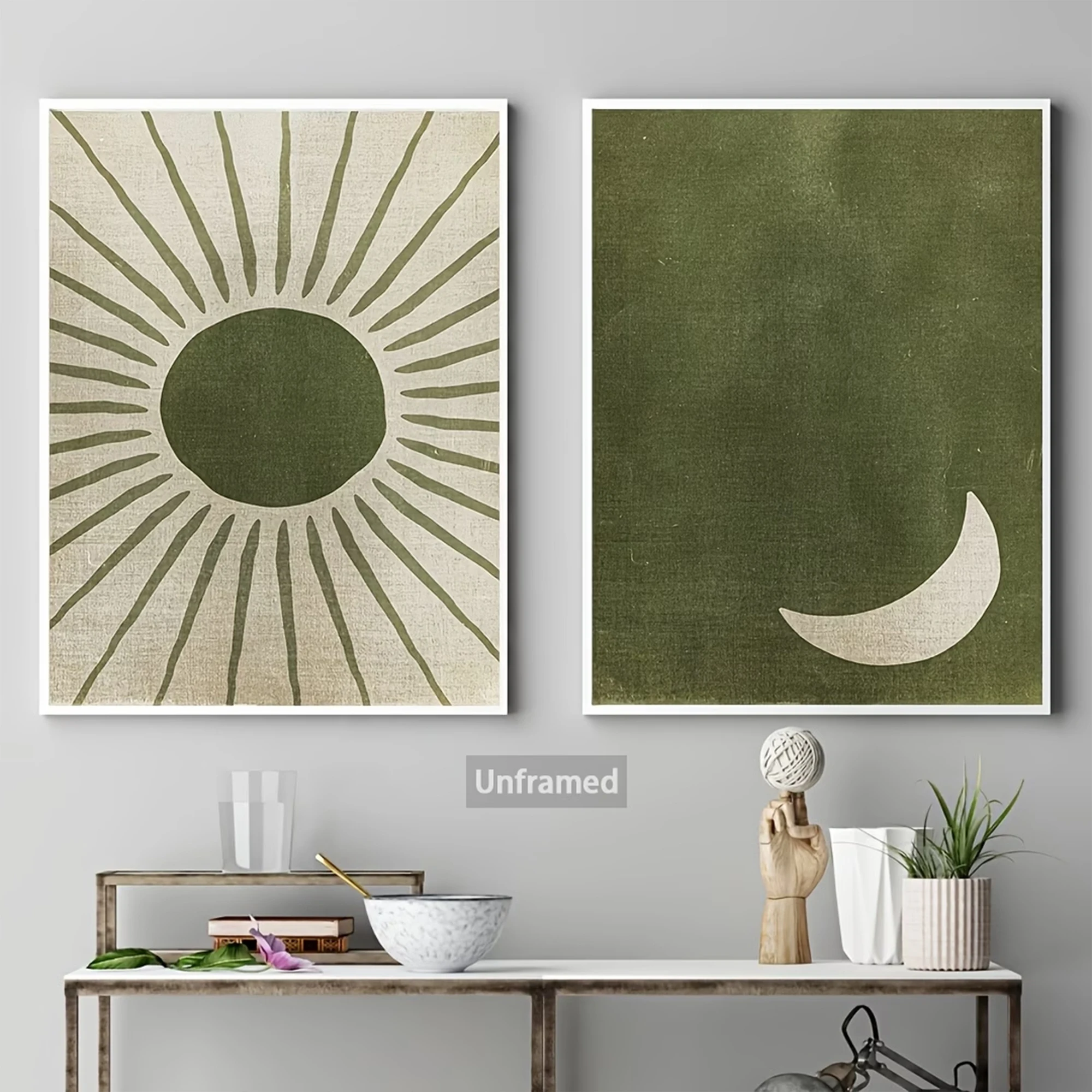 2pcs Retro Neutral Textured Sun Crescent Moon Wall Art Print Canvas Painting Poster Picture For Living Room,Bedroom Home Decor