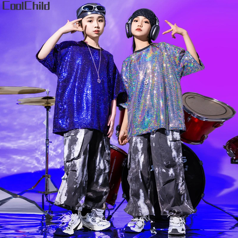 Boys Sequin Silver T-shirt Hip Hop Tie Dyed Cargo Pants Girls Streetwear Kids Street Dance Clothes Sets Child Jazz Stage Costume