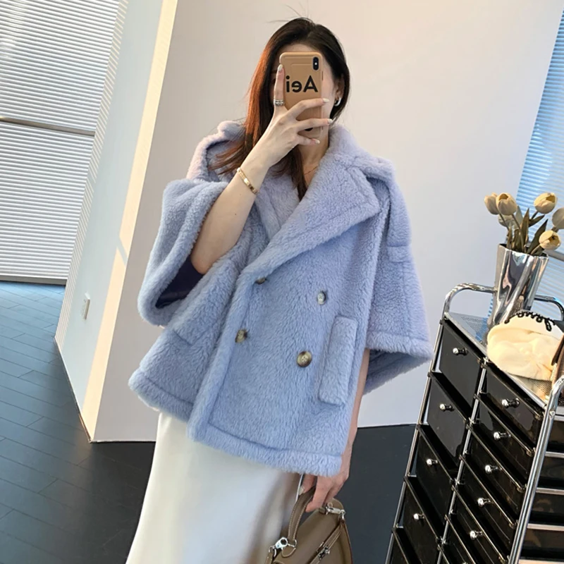 2024 New Design Real Wool Teddy Short Coat Fashion Jackets Winter Natural Fur Short Sleeve Poncho