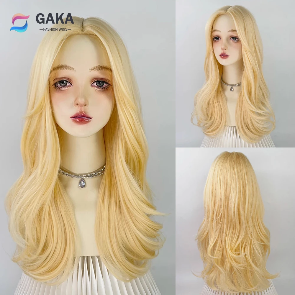 

GAKA Long Blonde Wavy Curly Women Wigs Middle Part Synthetic Lolita Cosplay Natural Fluffy Hair Wig for Daily Party