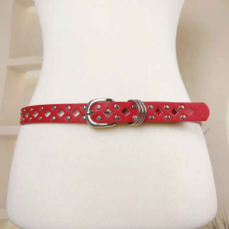 Fashionable Streetwear Punk-Style Alloy Pin Buckle Niche Belt – Hip-Hop Black Studded Eyelet Openwork Women’s Leather Belt