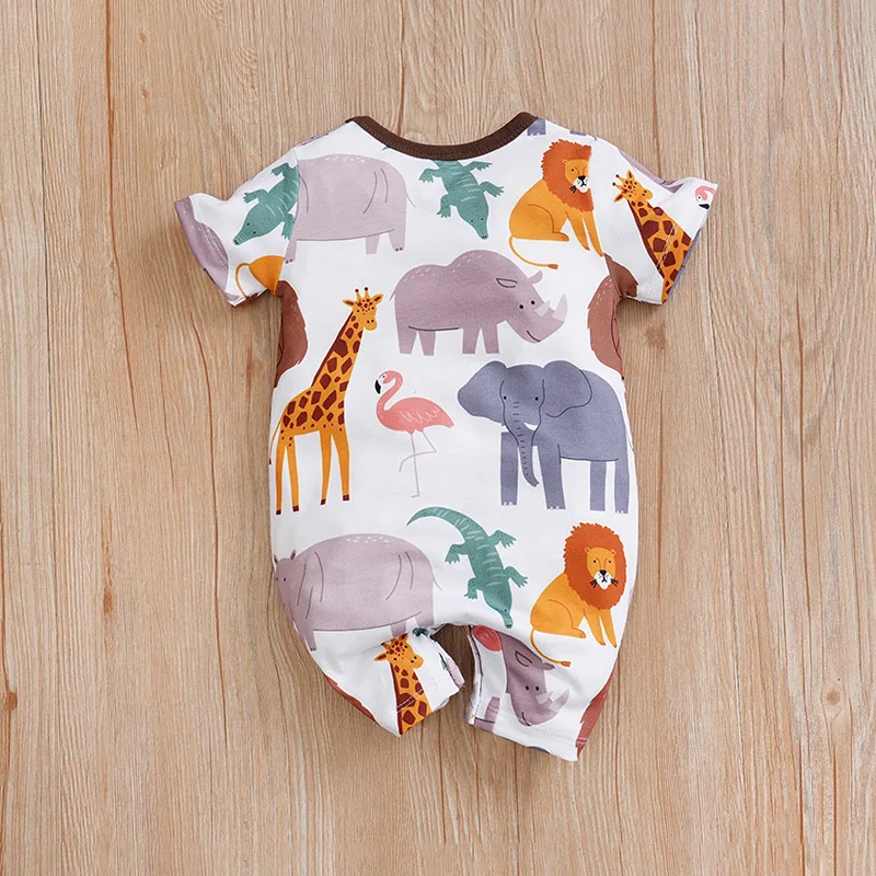 Newborn Summer Bodysuit Short Sleeve 0-36M Cute Animal Full Print Round Neck Comfortable and Breathable Baby Boys and Girls