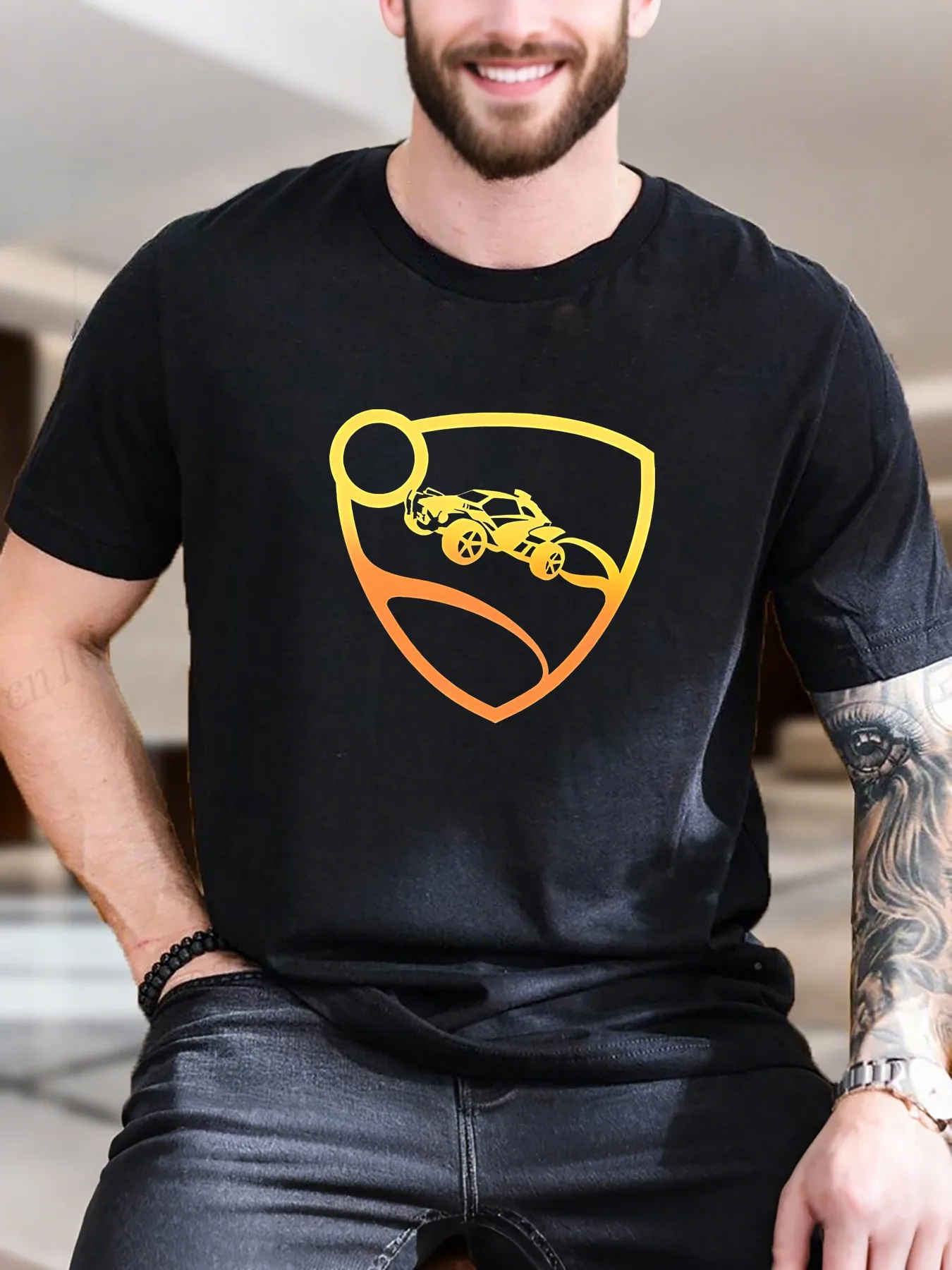 

Men's Printed Short Sleeve T-Shirt - Motorcycle Shield Sun Design, 100% Cotton, Comfortable Casual Tee for Summer, Trendy Graphic