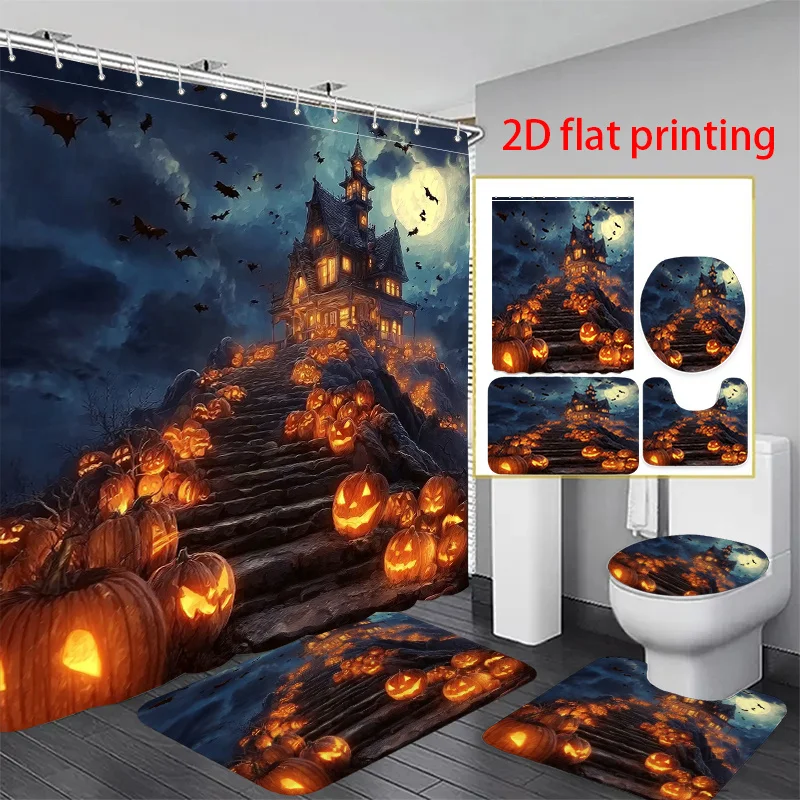 

4pcs 2D Flat Printing Shower Curtain Bathroom Set Haunted House with Jack O Lanterns And Bats. Amazing Gifts, Is a Beautiful