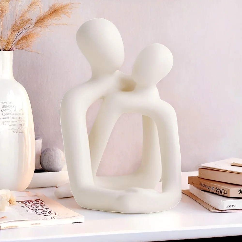 Abstract Couple Embracing Sculpture, Modern Minimalist Resin Figurine with Warm Glow Light, Love Theme Art Statue for Home
