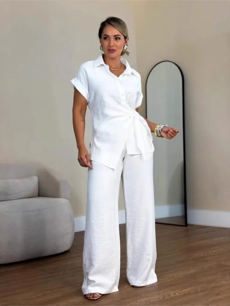 

Women's Fashion Office Two Piece Set Spring/Summer Short Sleeve Lace-up Design Top+Wide Leg Pants Suit Ladies Solid Color Outfit