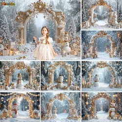 Golden Christmas Arch Door Photography Background Outdoor Snowy Scene Forest Snowman Gift Backdrop Kid Winter Birthday Photocall