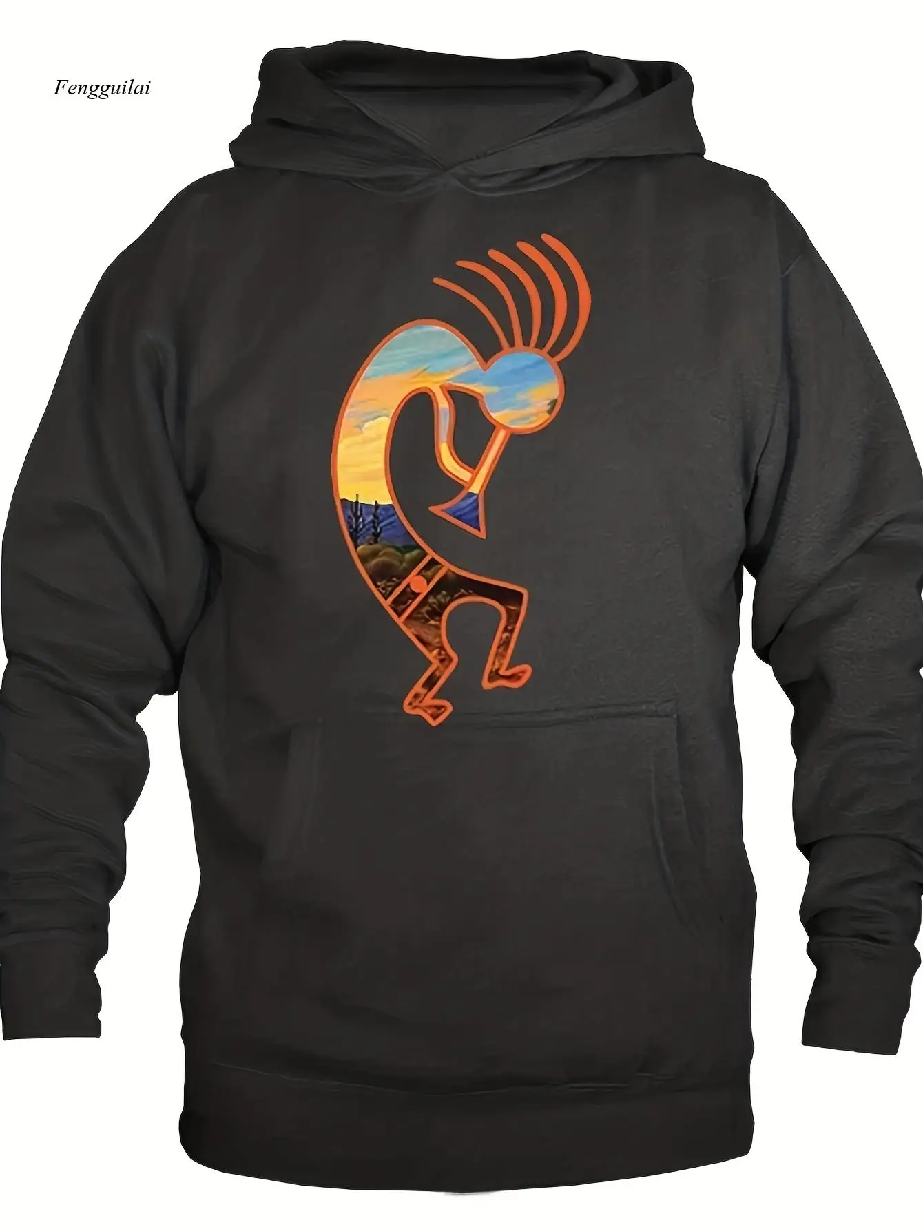 Native American Graphic Hoodie - Vibrant Dancing Figure & Sunset Design, Unisex Pullover Sweatshirt