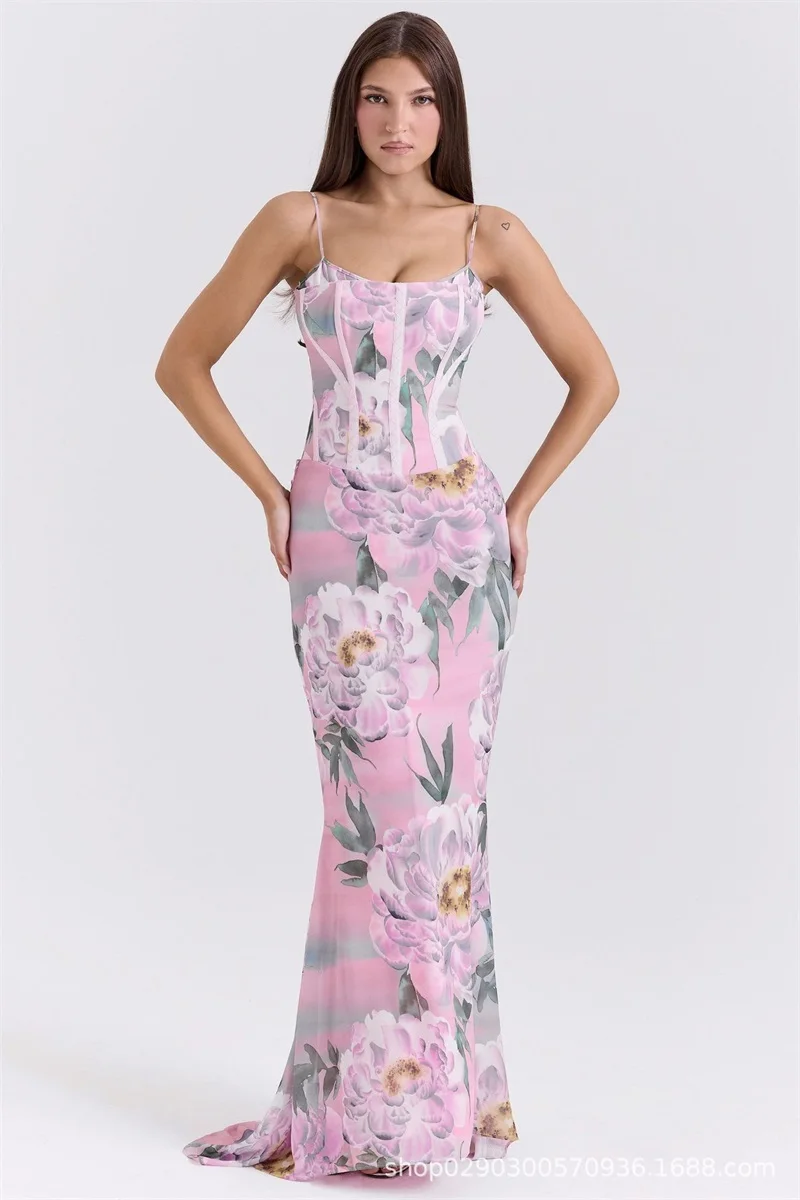 

Spaghetti Strap Printing Deep-V Neck Women's Evening Dress Backless Sheath Slim Bandage Gown High Waist Party Skirt New Arrival