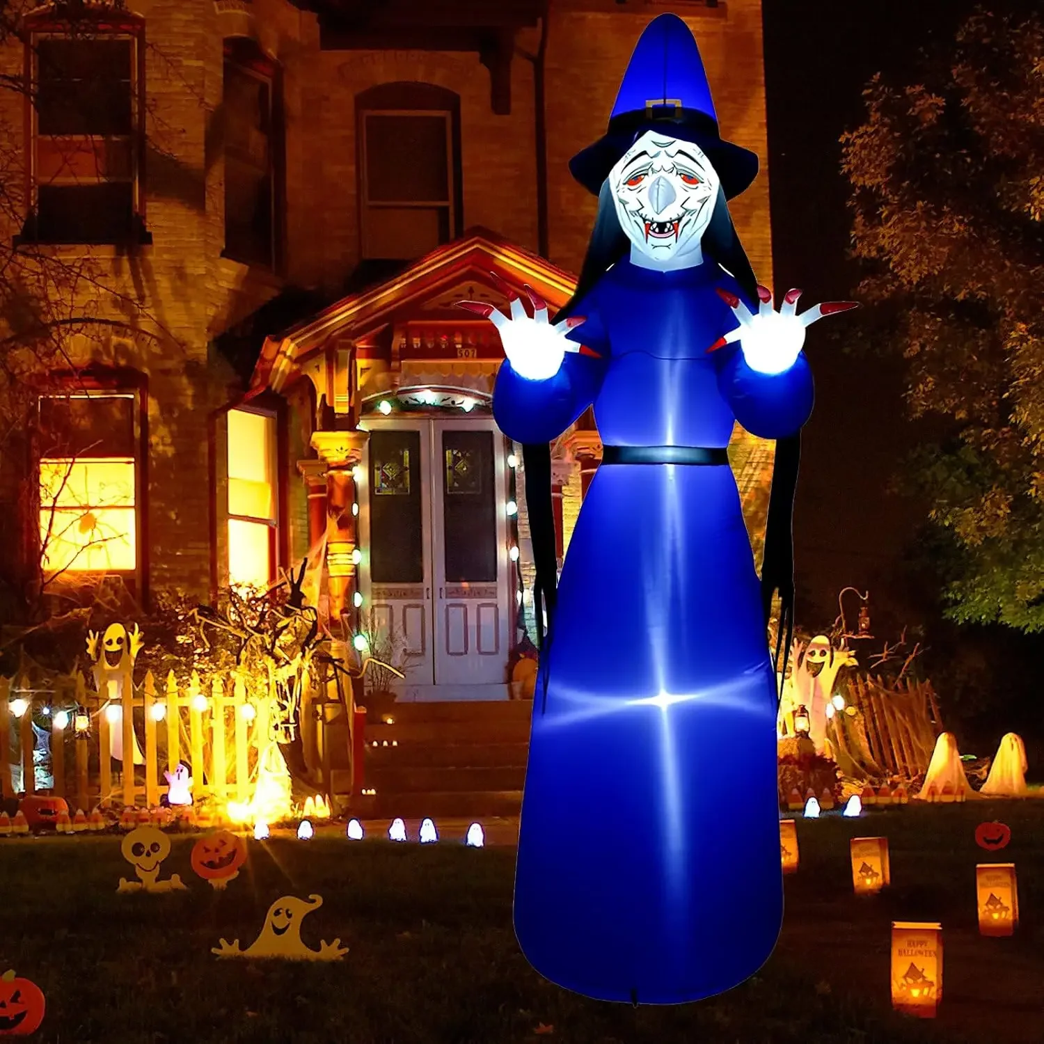10FT/3M Magic Witch Halloween Inflatable Model LED Thrilling Decorative Ornament Outdoor Holiday Courtyard Lawn Halloween Party