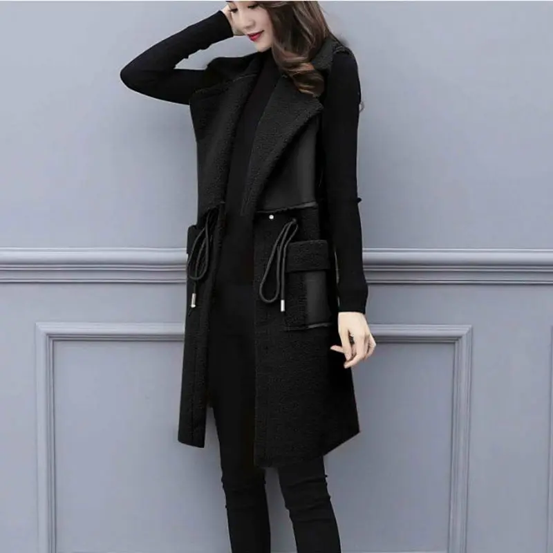 2022 New Autumn Winter Pu Leather Vest Jacket Women Sheep Shear Leather Fur Together Thick Warm Waistcoat Female Vest Coat R2316