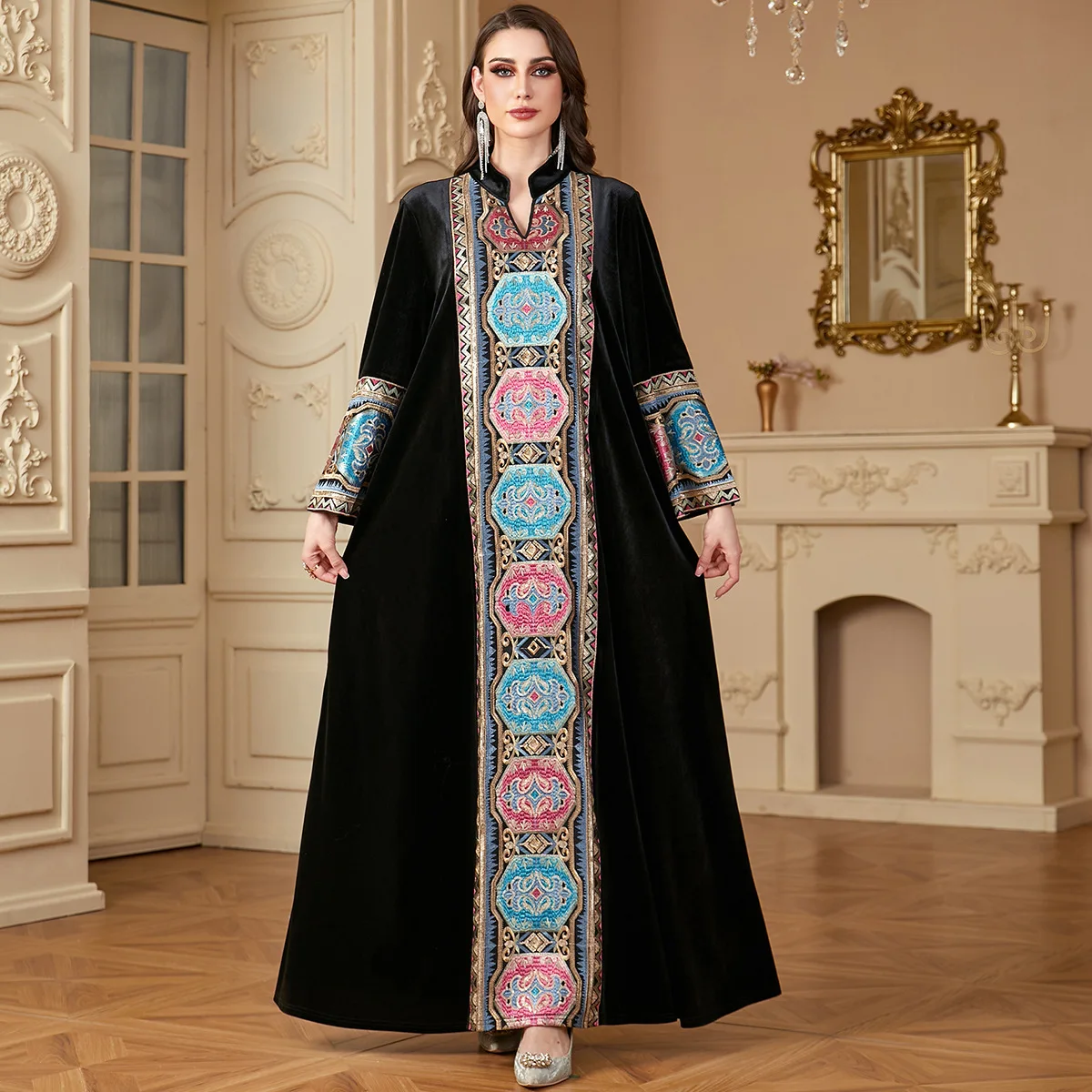 Velvet Abayas Long Sleeve for Warm Women Muslim Embroidery Maxi Dress Turkey Kaftan Islamic Clothing Musulmane Femme Vestidos