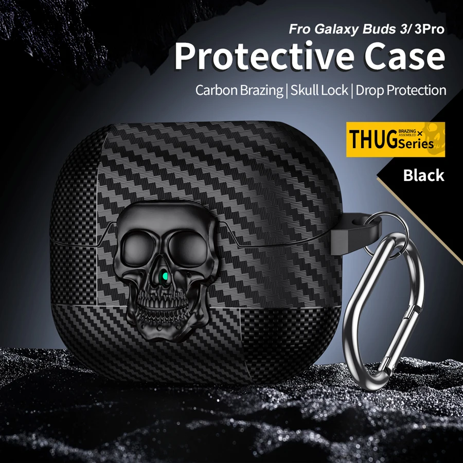 Suit Thug Skull Series Headphone Case For Samsung Galaxy Buds 3 Pro/ Buds 3 Magnetic Headphone Case Carbon Fiber Case With Hook