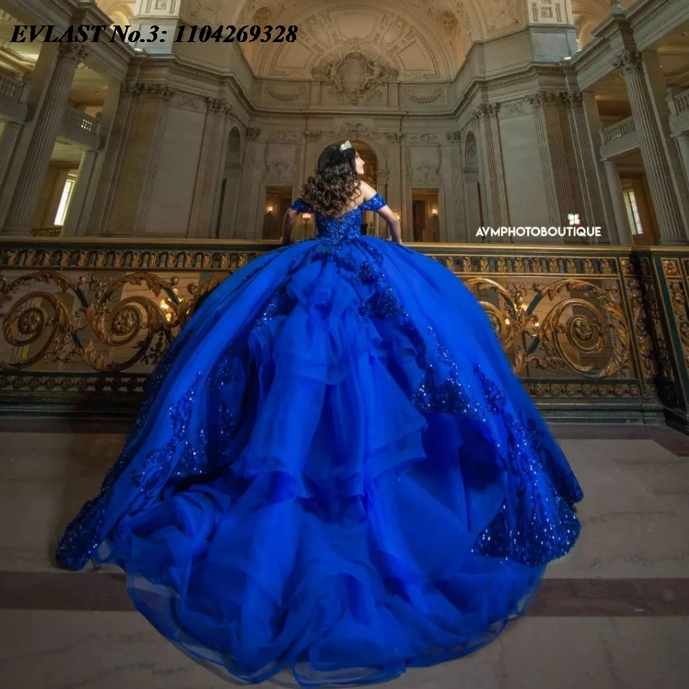 EVLAST personalizado azul real lentejuelas vestido para quinceañeras vestido De baile apliques rebordear escalonado dulce 16 Vestidos De 15 Anos E3Q112