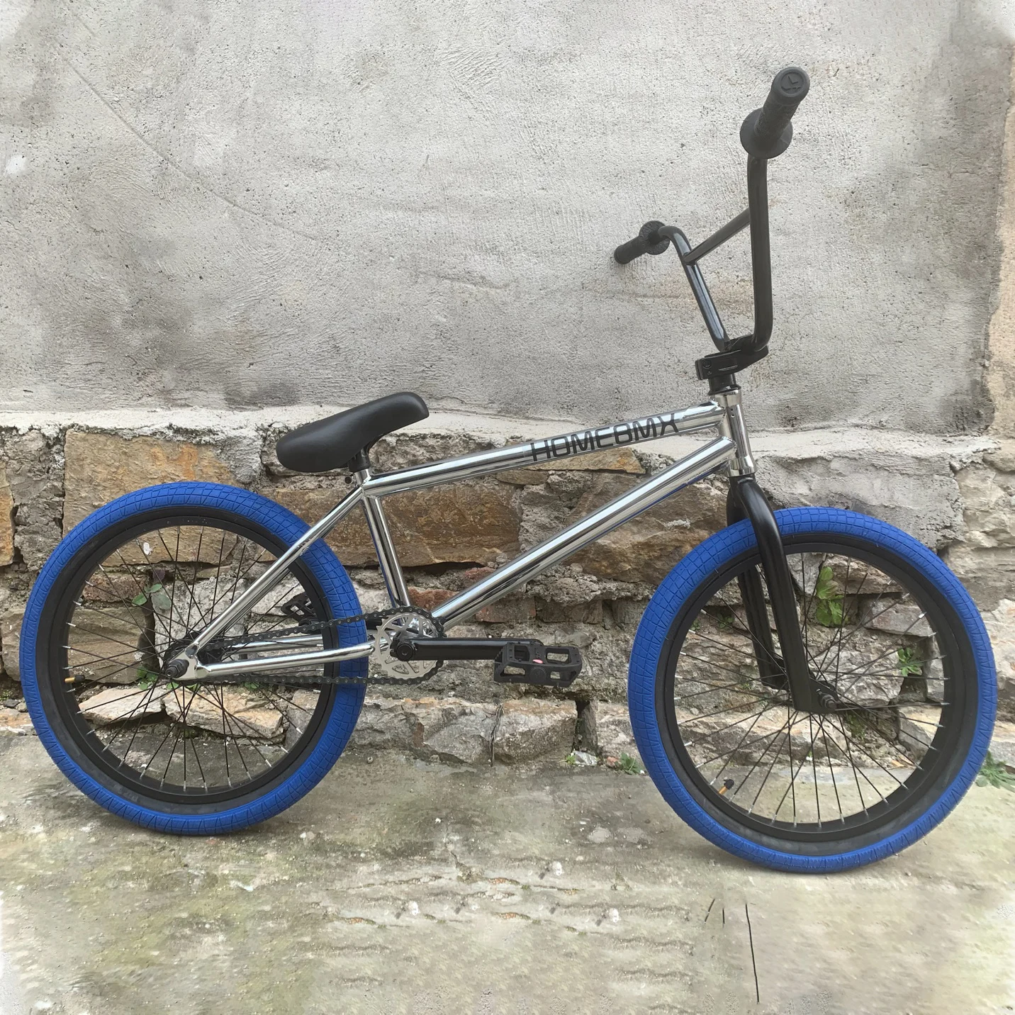 

HOME BMX Crmo 20 Inch Electroplated Silver Frame Blue Outer Tire 25T Crankset Bmx Action Performance Bicycle No Brakes 2.3 Tire