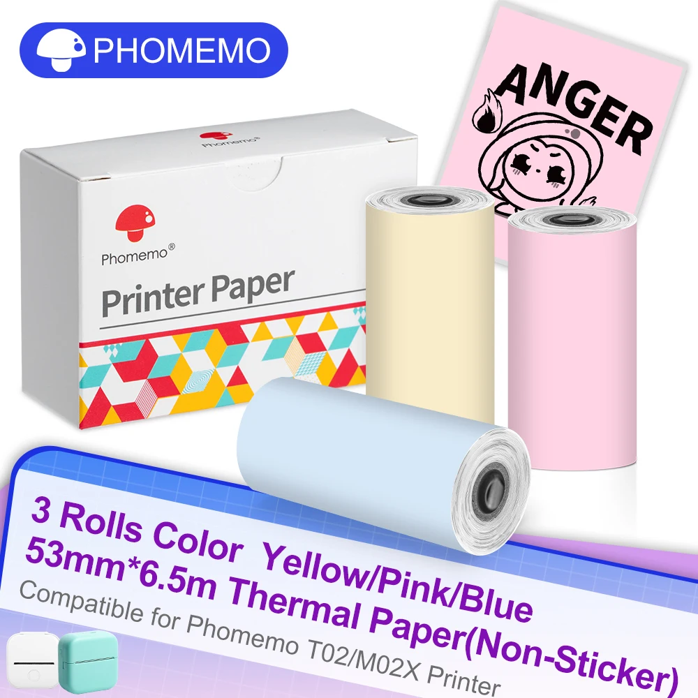 Phomemo-Thermal Printer Paper, uso para etiquetas de impressora térmica, Sticky Fit, DIY Textos fotográficos, Study Notes Printing, T02, 53mm