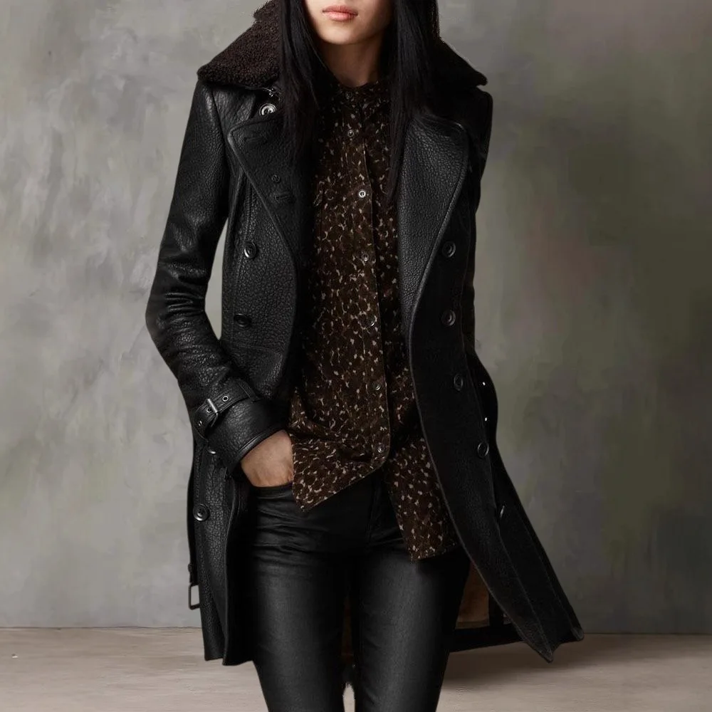 Thickened Leather Jacket Women's Coat Long Length Fur Collar British Style Motorcycle Windbreaker PU Leather Outerwear