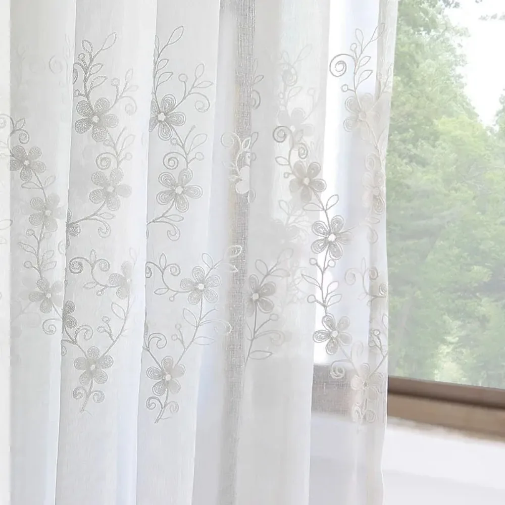 Weiße bestickte Blumen-Tüll-Fenstervorhänge für Wohnzimmer, transparenter Voile-Vorhang aus Leinen für Schlafzimmer, Küche, Vorhänge, Blindtür