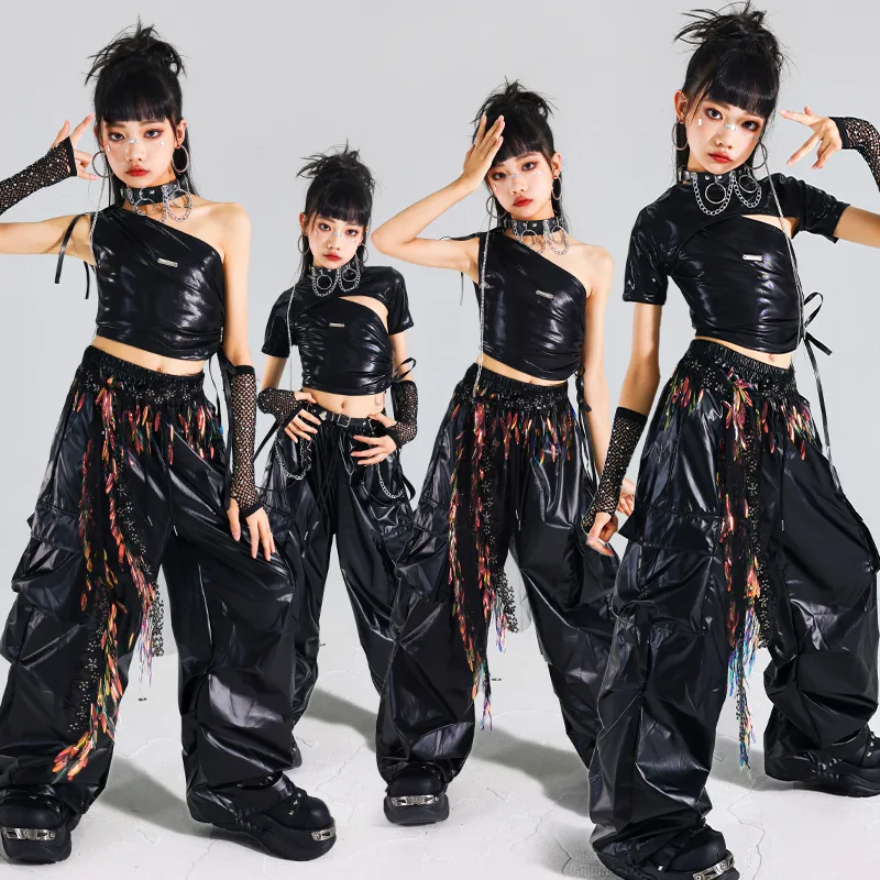 Блестящий укороченный топ для девочек K-pop, юбки, брюки-карго для уличных танцев, детские комплекты одежды в стиле хип-хоп, джаз для девочек, детский уличный костюм