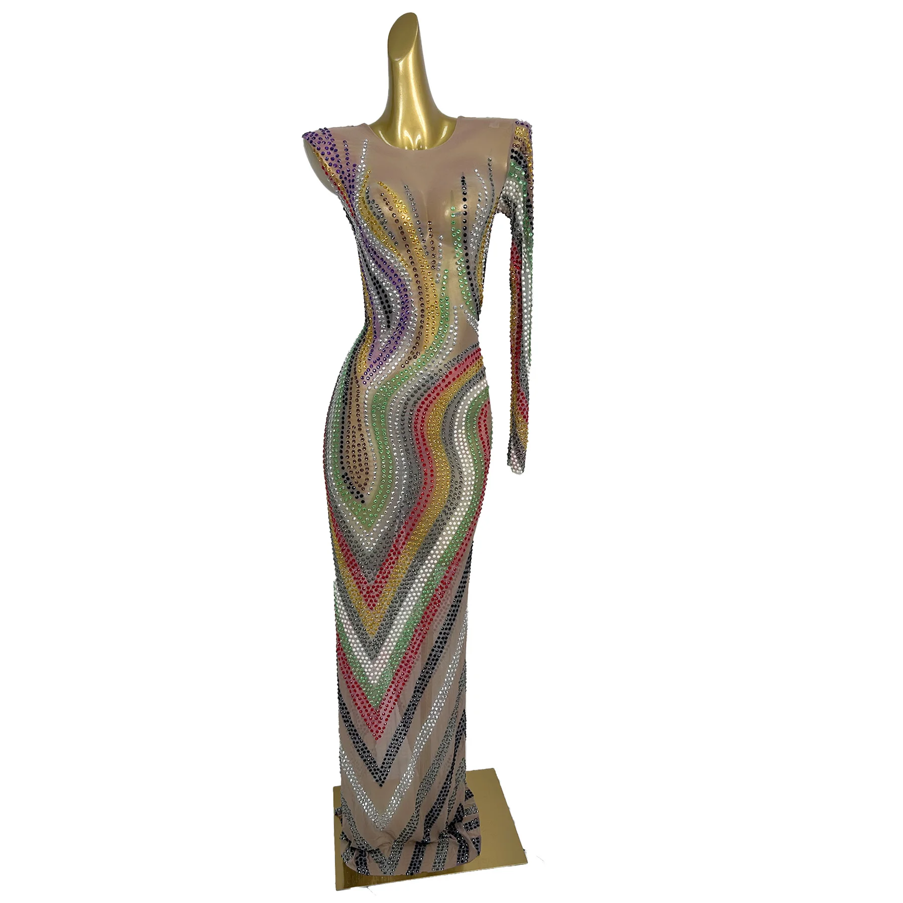 

Yuhouchangqun Luxury Women One Sleeved Dress Sparkling Colored Rhinestone Transparent Mesh Dress Banquet Birthday Party Dress