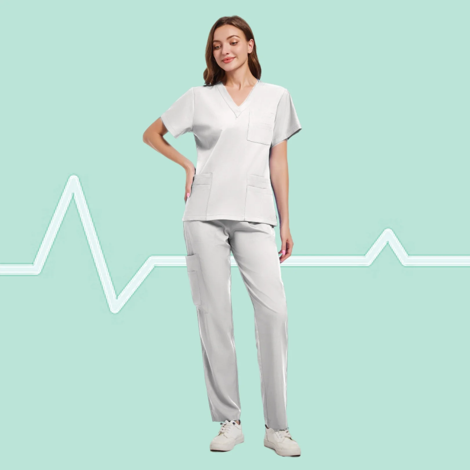 Kualitas tinggi Uniforme seragam perawat medis Scrub Set wanita dan pria Modern V-Neck Top dan celana pakaian kerja rumah sakit dokter setelan