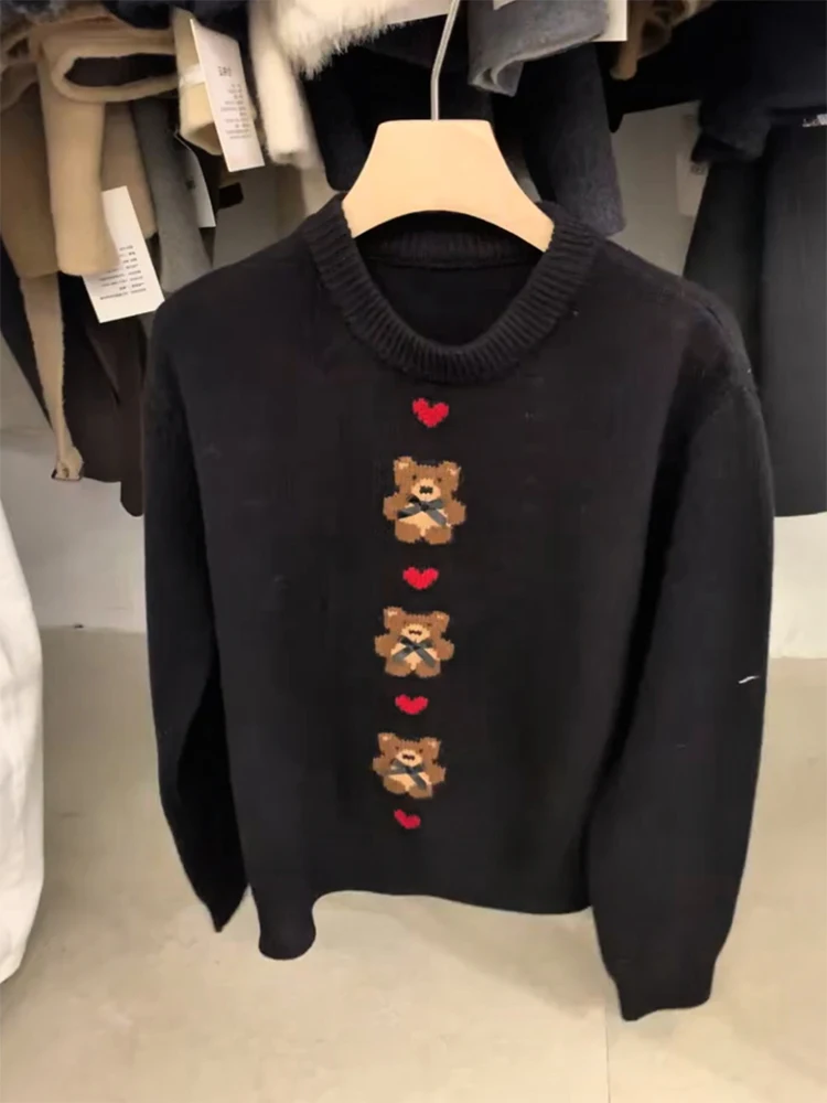 

Корейский свитер с круглым вырезом и принтом «Медведь-сердце», стройнящий, омолаживающий, больших размеров, элегантный, модный, осенне-зимняя новинка